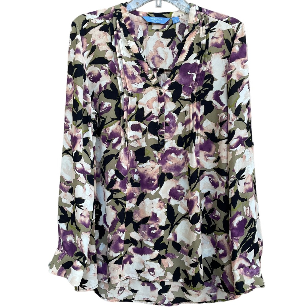 Simply Vera Vera Wang Long Sleeve V Neck 4 Button Popover Floral Blouse Large - Picture 4 of 14